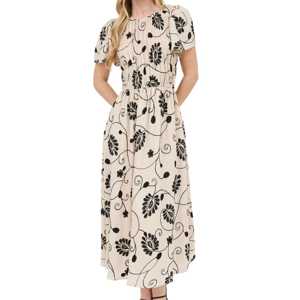 August Sky Embroidered Smocked Maxi Dress Beige Black Boho Size Large